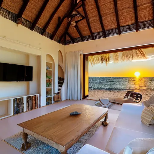 Image similar to expensive villa interior nearby a beach with books everywhere, cosy atmosphere, beautiful lighting