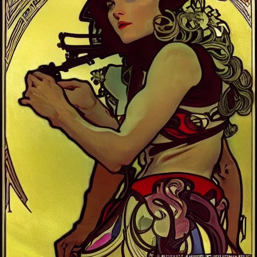 Prompt: Samus Aran by Alphonse Mucha