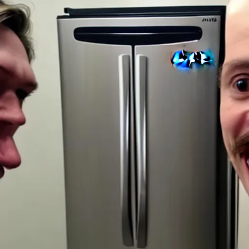 Prompt: still from a velociraptor scientist's vlog complaining about his samsung refrigerator