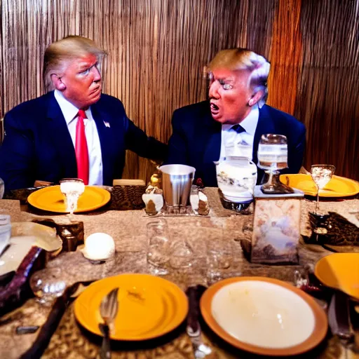 Image similar to Trump and Biden having dinner at a fancy Balinese restaurant, award winning photography, 85mm, perfect faces