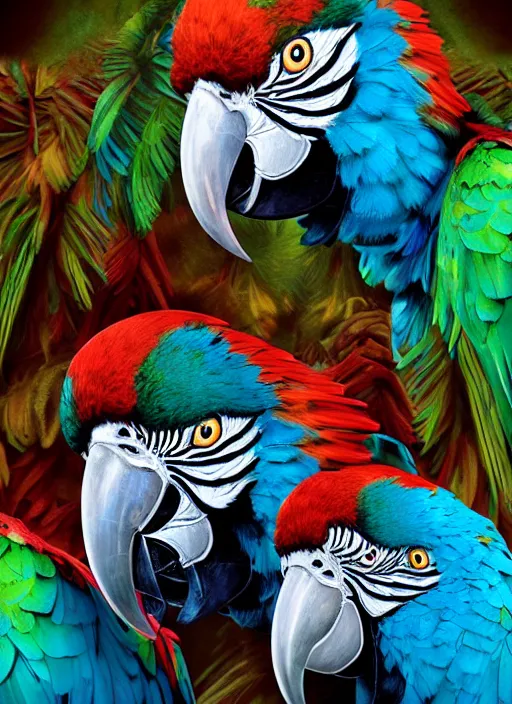 Image similar to An epic fantastic realism comic book style painting of the most beautiful macaw parrots, bouquets, Shamanic Mask, fisheye lens, unreal 5, DAZ, hyperrealistic, octane render, dynamic lighting