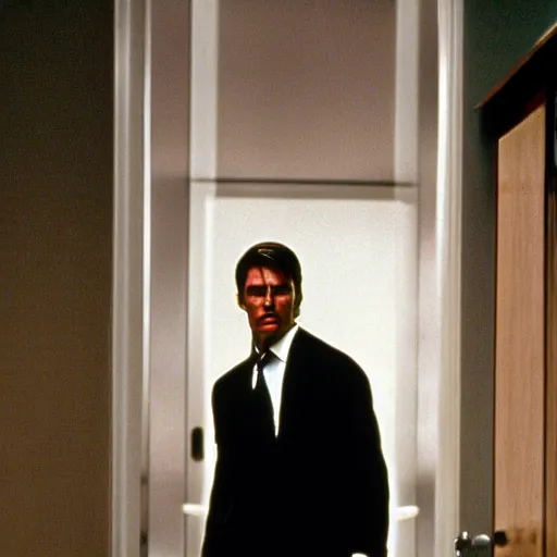 Image similar to Tom Cruise in American Psycho (1999), killing women