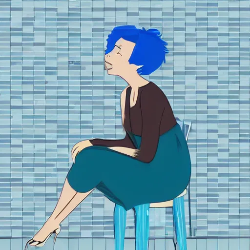 Image similar to short blue haired woman, sitting in tile bathroom, american pop animation style