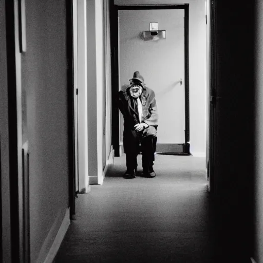 Image similar to an smiling old man camouflaged in a hallway