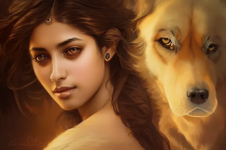 Image similar to sensual good looking pale young bengali girl with soulful eyes with a majestic german shepherd, portrait, elegant, intricate, digital painting, artstation, concept art, smooth, sharp focus, illustration, art by artgerm and greg rutkowski and alphonse mucha