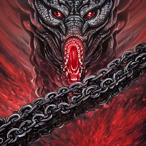 Image similar to hybrid snake, dark angel, demon, satan, red eyes, chain, handcuffs, large chain, wide open mouth, scream, cruelty, light effect, hyper detailed, intricate, elegant, highly detailed, digital painting, artstation, concept art, matte, sharp focus, illustration, by dan mumford, yusuke murata, makoto shinkai, ross tran