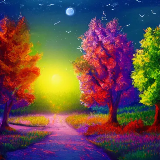 Prompt: landscape with colorful trees with furry leaves and fireflies, luminescent detailed magical realism painting 4 k artstation