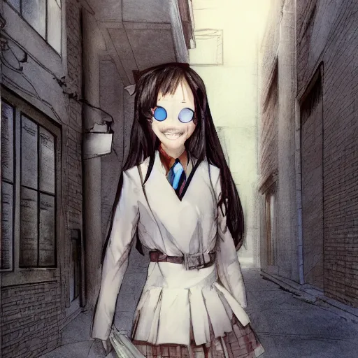 Image similar to a perfect, realistic professional digital sketch of a Japanese schoolgirl posing in a sci-fi alleyway, style of Marvel, full length, by pen and watercolor, fine details, by a professional American senior artist on ArtStation, a high-quality hollywood-style sketch, on high-quality paper