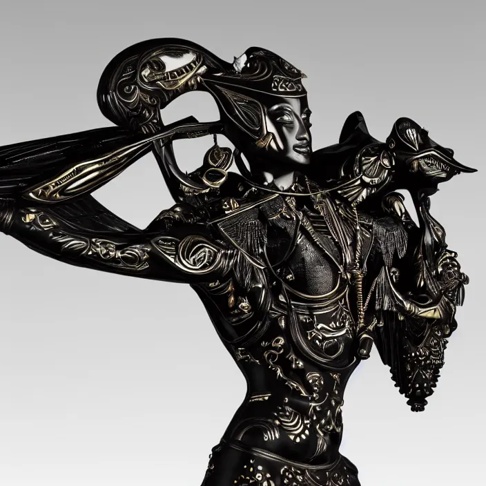 Image similar to fine art statue of masculine black egyptian god on a surrealist motorcycle, ebony art deco, carved black marble, inlaid with ebony and gold accents, ebony rococo, wings black lace wear, sculpted by spider zero, zaha hadid, beautifully lit, hyper detailed, intricate, elite, ornate, photorealistic, micro details, 3 d sculpture, ray trace