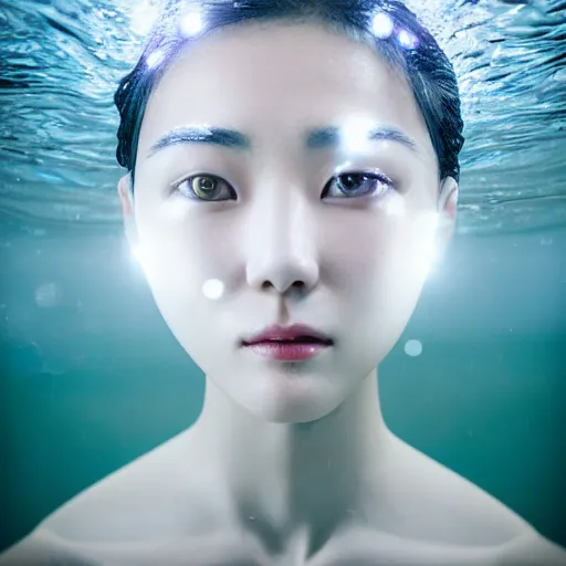 Image similar to beautiful centered fine art photo portrait of hoyeon jung as a solarpunk robotic humanoid, half body above water, white mechanical parts with led lights, ultra - realistic and intricate, white background, sun lighting, soft focus, slow exposure hdr 8 k