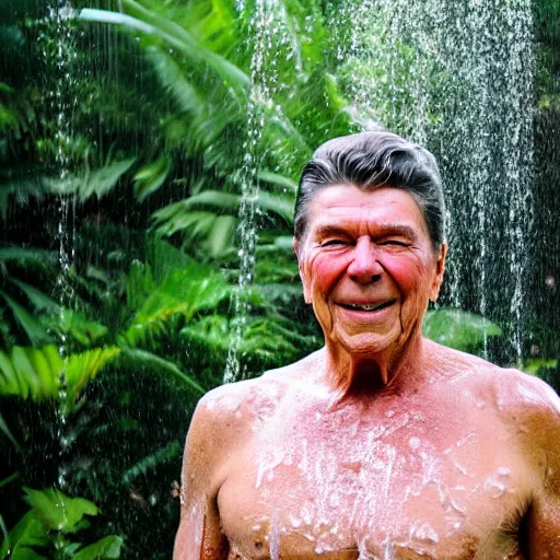 Image similar to 4 k hdr full body wide angle portrait of ronald reagan showering in a tropical bali jungle shower with moody overcast stormy lighting