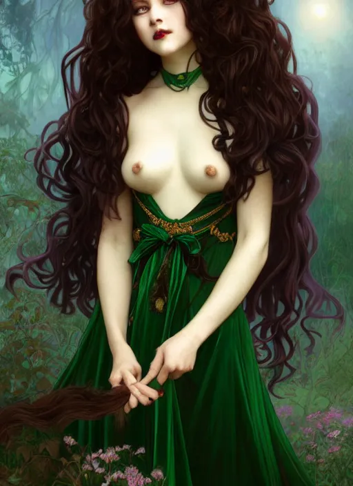 Prompt: young vampire girl, goddess of green velvety malachite and obsidian diamonds and black roses with long curly, golden hair, perfectly proportioned face, brown eyes, sweet smile, strong jawline, natural lighting, path traced, highly detailed, high quality, cartoon, digital painting, by new haicheng and riccardo federici and alphonse mucha