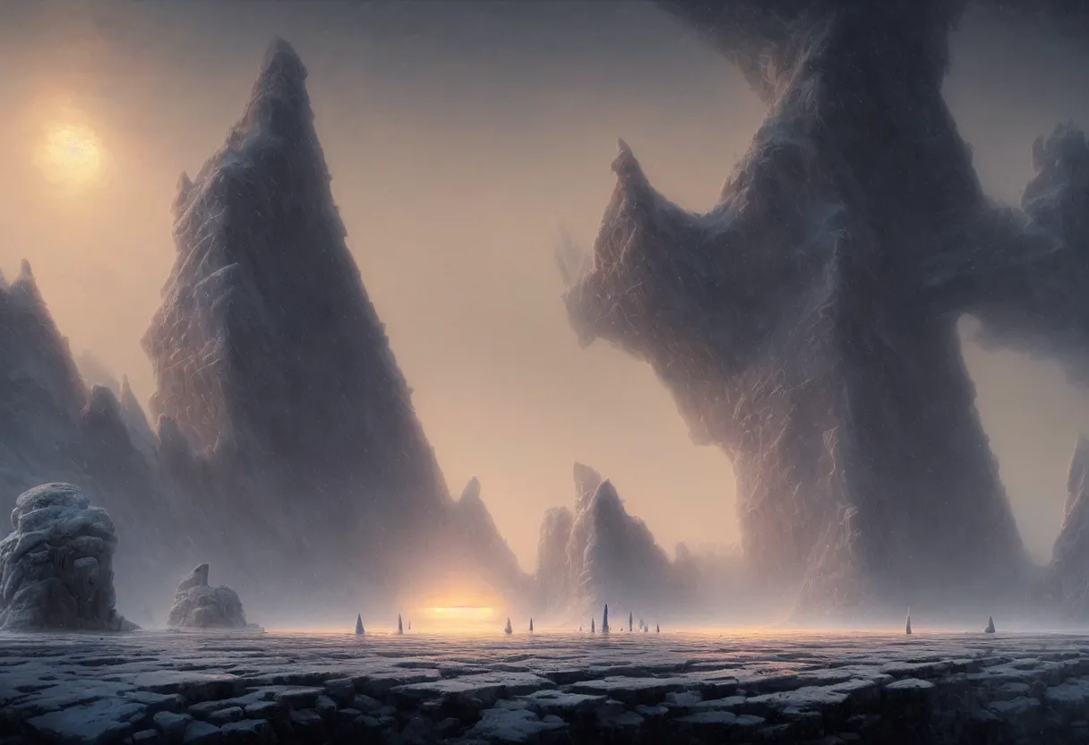 Image similar to strange surface of another frozen winter planet at sunset ruins of ancient civilization at sea, ultra high definition, ultra detailed, symmetry, fog, matte painting, by greg rutkowski and ross tran and wlop