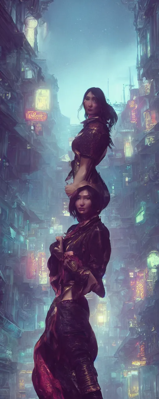 Image similar to portrait of gemma chan tavern bard, intricate face, sad expression, sweat, narrow dark streets with exotic dancers, vaporwave aesthetics, 8 k uhd, unreal engine, octane render in the artstyle of finnian macmanus, john park and greg rutkowski