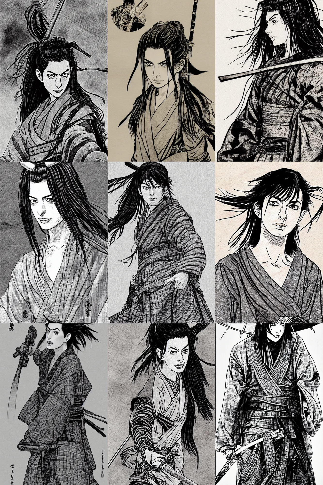Prompt: detailed anne hathaway as a samurai in vagabond manga by takehiko inoue, black ink