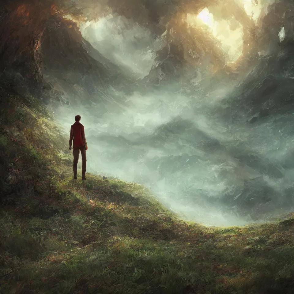 Image similar to man standing alone in nature,beautiful colours, digital art, concept art, fantasy art, highly detailed, HD wallpaper, artstation, Deviantart, abeyance