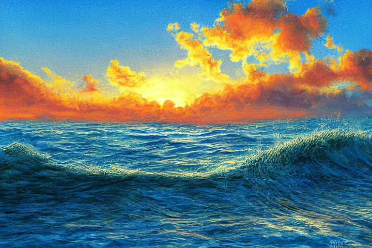 Image similar to sun, waves, sky, land, town, digital painting, illustrated by max hay