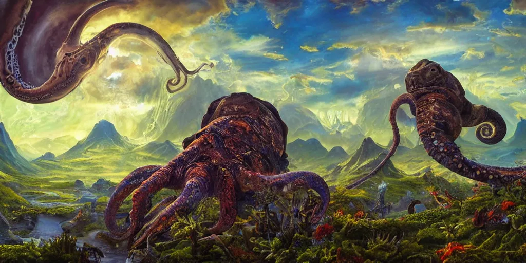 Image similar to fantasy oil painting, great leviathan, cybernetic turtle cephalopod terrapin reptilian pachyderm squid, bella hadid, hybrid, milla jovovich, anubis, epic natural light, lush plants flowers, spectacular mountains, bright clouds, luminous sky, outer worlds, golden hour, michael cheval, edward hopper, michael whelan, vray, hd