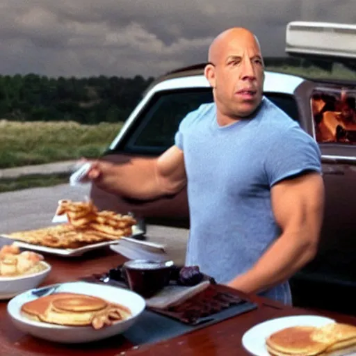 Image similar to movie still of vin diesel eating waffles and pancakes breakfast in a car