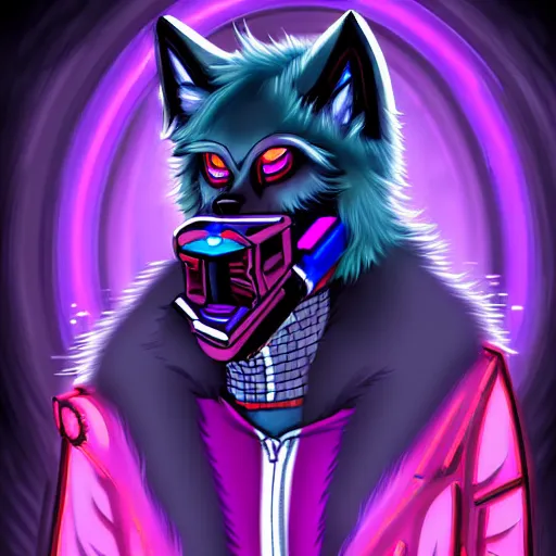 Image similar to beautiful furry digital art portrait commission of an androgynous furry anthro wolf fursona wearing punk clothes in the streets of a cyberpunk city. neon signs, detailed background, futuristic adverts, holographics. character design by zaush, rick griffin, tessgarman, angiewolf, rube, miles df, fa, furraffinity