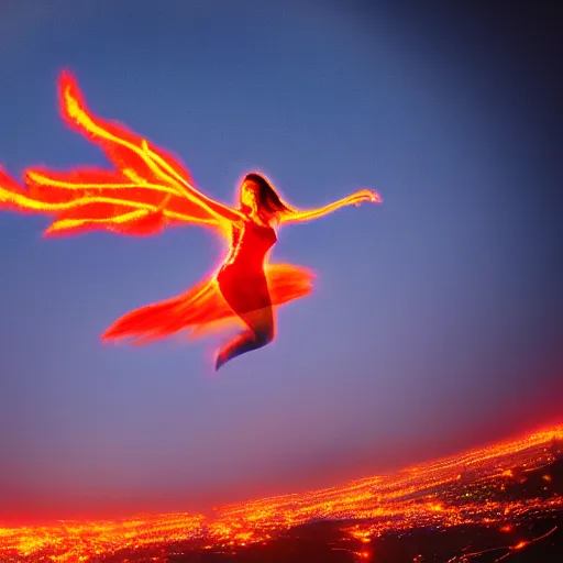 Image similar to realistic cinematic photo of phoenix girl in flames flying in the sky