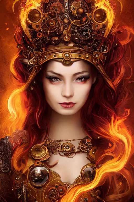 Image similar to a beautiful image of a young woman, steampunk Chandra queen of fire, big googles over her head, long flowing hair flowing with fire, steampunk costume mostly red and gold young female face, cinematic top lighting, insanely detailed and intricate, face by wlop, Charlie Bowater, golden ratio, symmetric, elegant, ornate, luxury, elite, matte painting, cinematic, trending on artstation, deviantart and cgsociety, 8k, high resolution