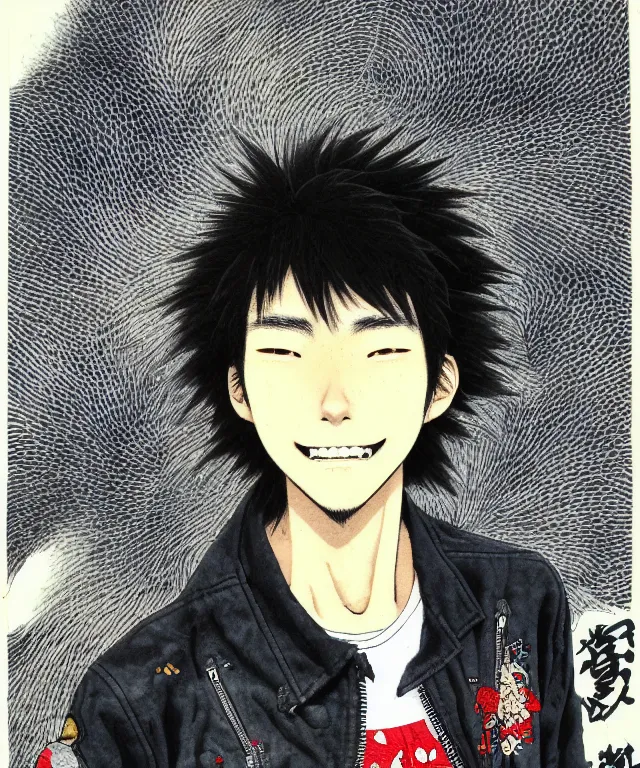 Image similar to a half / profile portrait of a happy teenage japanese man, his hair is messy and unkempt, he is wearing an embroidered leather jacket, a masterwork illustration by kim jung gi, otomo katsuhiro and terada katsuya, realistic proportions and correct anatomy