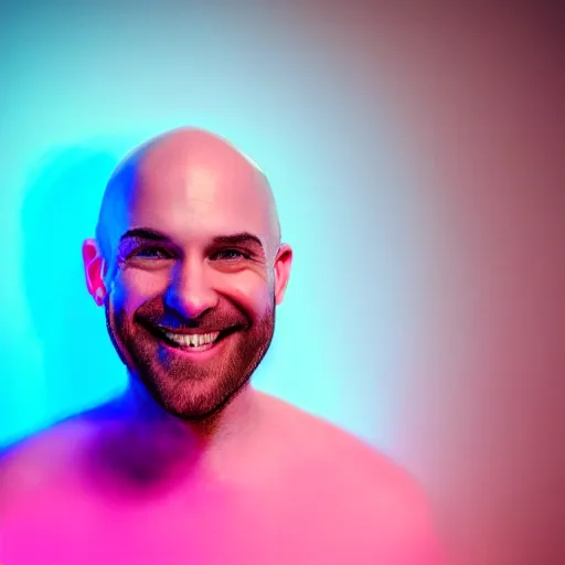 Image similar to handsome bald man smiling, dark room, blue and pink neon lights