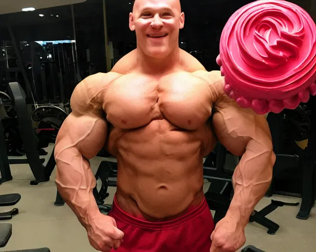 Prompt: bodybuilder with a birthday cake for a head