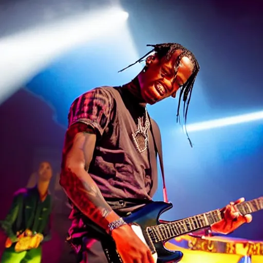 Image similar to Travis Scott playing on guitar at the stage, by studio Pixar,