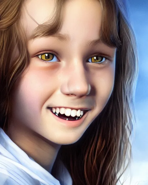 Prompt: close up portrait of 1 5 - year - old girl, smile with large front teeth, hermione, very bushy brown hair, and very bright brown eyes, wearing white shirt, hyper realistic face, beautiful eyes, character art, art by mark brooks, hyperdetailed, cryengine, trending on artstation, digital art