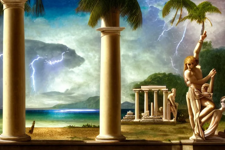 Image similar to Doric temple on front of balustrade and palace columns, refracted lightnings on the ocean, thunderstorm, tarot cards characters, beach and Tropical vegetation on the background major arcana sky and occult symbols, by paul delaroche, hyperrealistic 4k uhd, award-winning, very detailed paradise