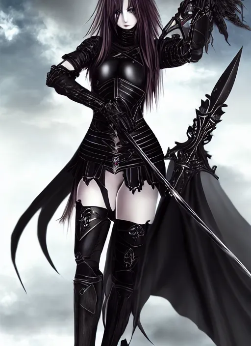 Prompt: full portrait, female vampire knight in black heavy armor, metal mask, gladiator sandals, no skin shown, realistic proportions, ghostblade, wlop, reasonable fantasy