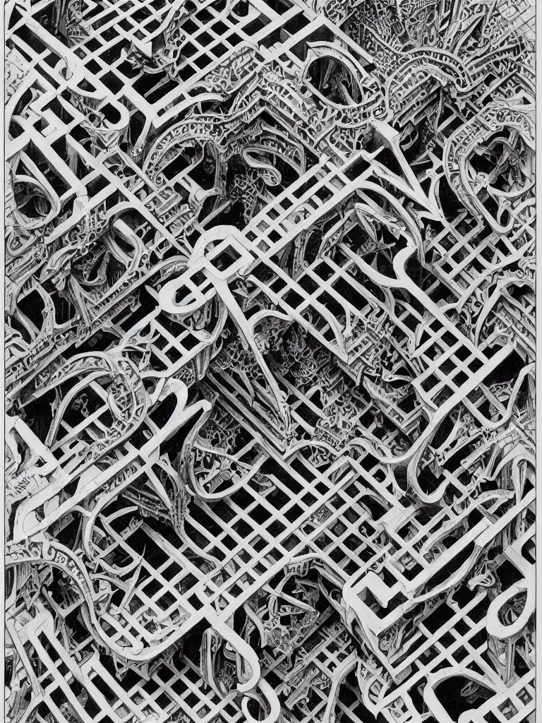 Prompt: intricate architectural latticework of alien bones by M.C. Escher