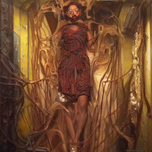 Prompt: realistic detailed modern art deco painting of weird mysterious portraits from layers of fear in the style of donato giancola sharp focus