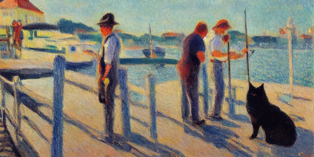 Image similar to cat sitting on the pier fishing, expressive oil painting by christopher radlund and camille pissaro