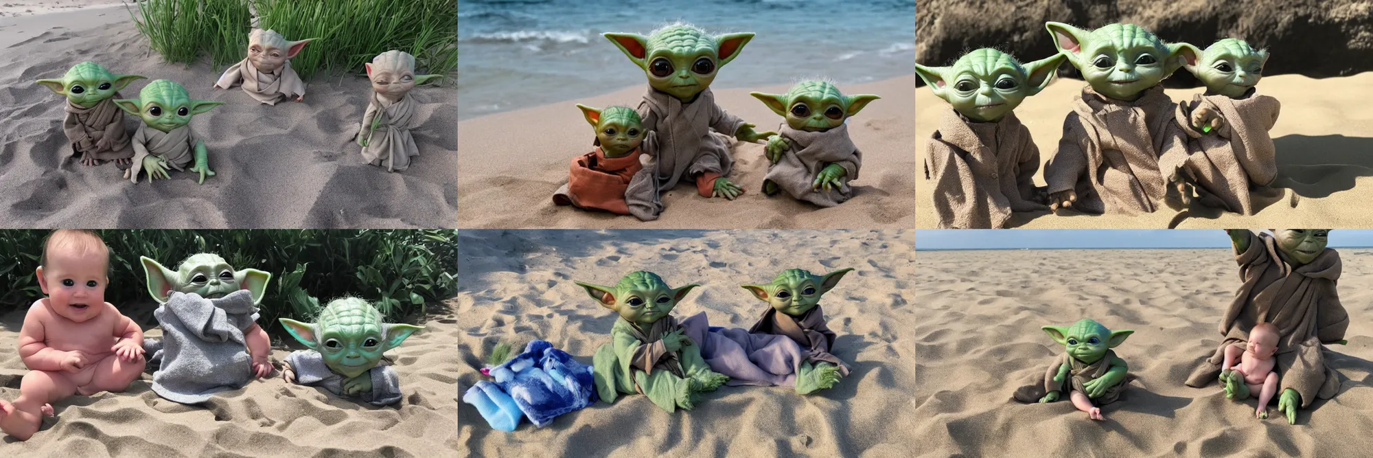 Prompt: 1 baby yoda ( 2 0 1 4 ) and 1 baby groot ( 2 0 2 1 ), both relax at the beach