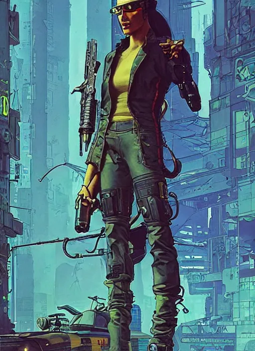 Prompt: cyberpunk mercenary. hiding in allyway. portrait by mœbius and will eisner and gil elvgren and pixar. realistic proportions. cyberpunk 2 0 7 7, apex, blade runner 2 0 4 9 concept art. cel shading. attractive face. thick lines.
