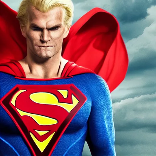 Prompt: portrait of a evil blonde superman two sides hair and thin face lines, his cape is the american flag, he is angry, 8 k, hyper realistic, movie imax shot, film, cinematography, red