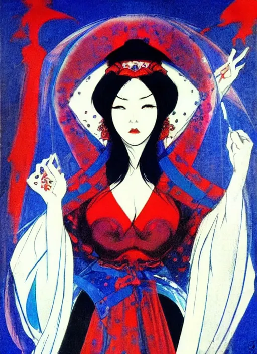 Image similar to portrait of heavyset mighty korean vampiress, jeweled veil, blue and red, strong line, saturated color, beautiful! coherent! by frank frazetta, high contrast, minimalism