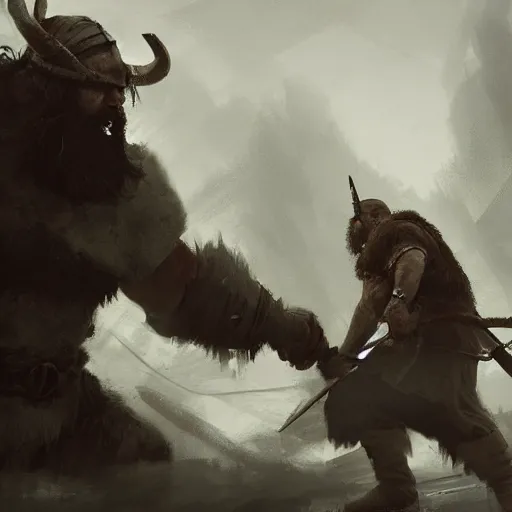 Image similar to viking fighting a giant in the style of craig mullins, ruan jia, kentaro miura, greg rutkowski, loundraw