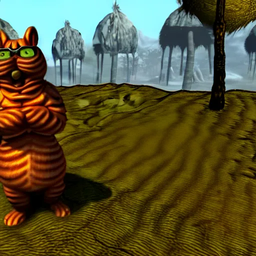 Image similar to garfield in morrowind, retro 3 d graphics, video game screenshot, pc game, elder scrolls