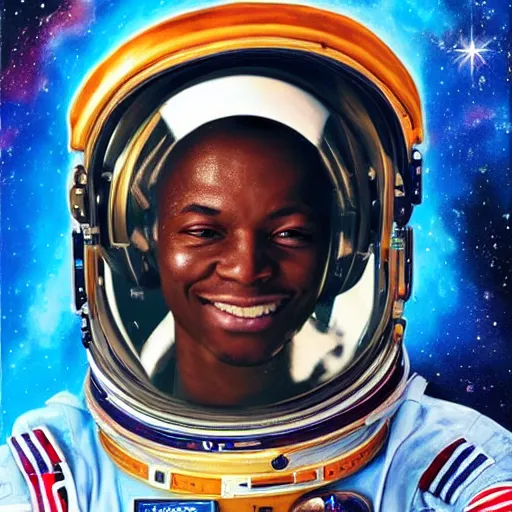 Image similar to a portrait of an african astronaut in the space with nebulae, realistic painting, high definition, digital art, matte painting, very detailed, realistic