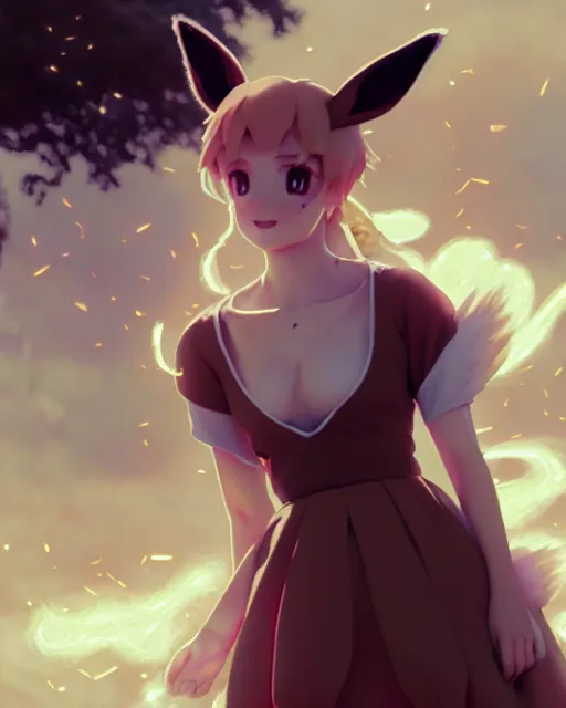 Image similar to photo of eevee pokemon humanisation, in lace brown dress, film still, dslr, by greg rutkowski, ross tran, artgerm, wlop glossy skin, pearlescent, very coherent