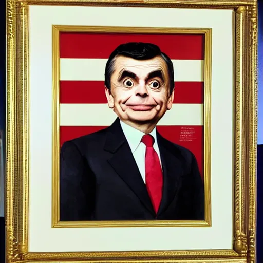 Prompt: Official US president portrait of Mr Bean, white house, USA flag