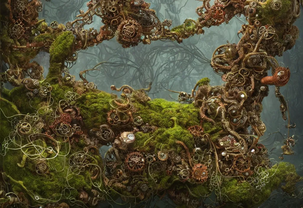 Image similar to illustration and highly detailed render of a strange moss fungus and coral creature, tendrils, steampunk, biological machinery, microbiological environment, ultra realistic, concept art, intricate details, cheerful, highly detailed, photorealistic, octane render, 8 k, unreal engine. art by hr guger and artgerm and greg rutkowski and alphonse mucha