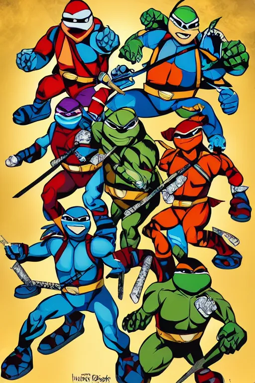 Image similar to the teenage mutant ninja turtles as power rangers, mosaic