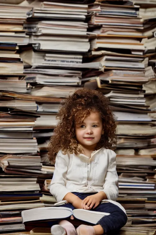 Image similar to a little girl with wavy curly light brown hair sits on a tall pile of books.