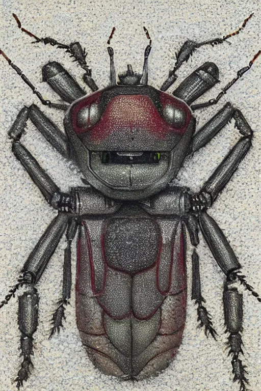 Image similar to a portrait of a robot insect creature made from snow and soil, high detail, muted colors, pointillism