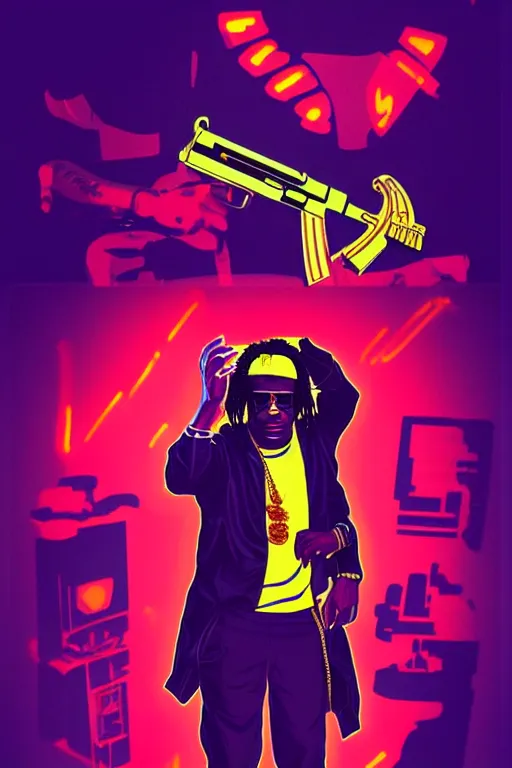 Prompt: chief keef with riffle, gta vice city style, pop art, no duplicate image, glowing lights, ultra details, digital painting, artstation, concept art, smooth, sharp focus, illustration, intecrate details, art by richard hamilton and mimmo rottela, pixels art by kirokaze and paul robertson